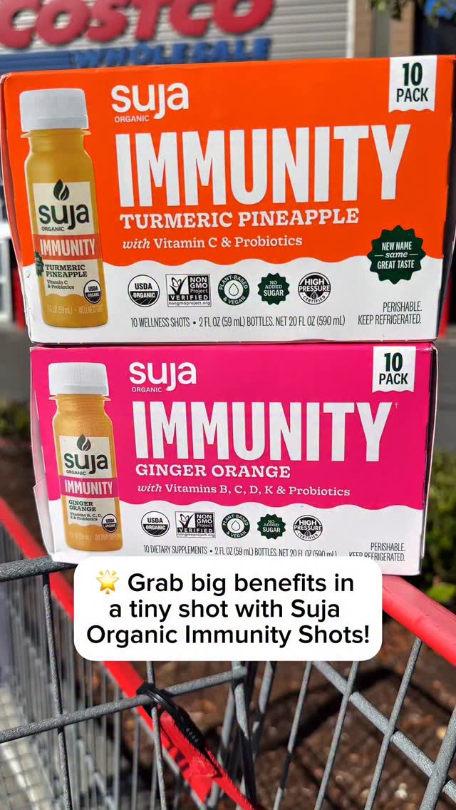 Instagram post by @costcodeals for Suja Organic. Caption reads: #ad 
🌟 Grab big benefits in a tiny shot with....