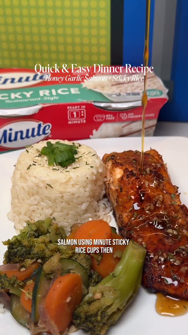 Instagram post by @allofdeasha for Minute Rice. Caption reads: #ad This Honey Garlic Salmon paired with....
