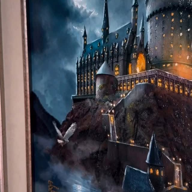 Instagram post by @thewizardingsibs for Thomas Kinkade Studios. Caption reads: ✨Unboxing: Limited Edition Harry Potter Canvas by....