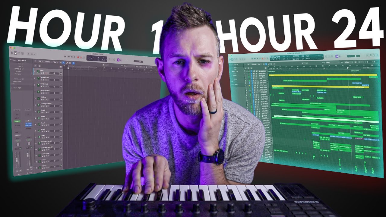 YouTube post by @NathanJamesLarsen for Spitfire Audio. Caption reads: I Tried to Make a RELEASE READY Song in 24 HOURS.
