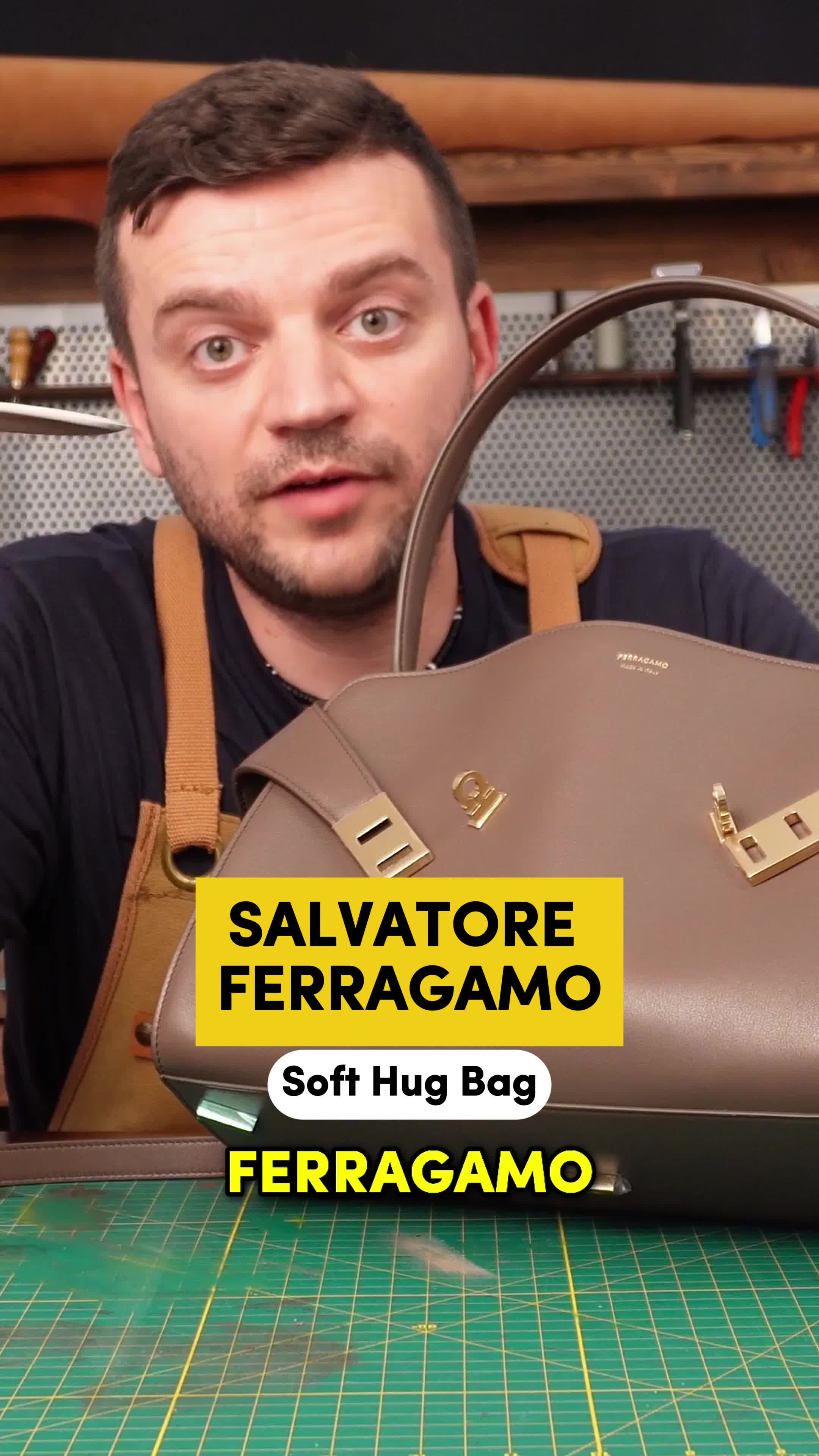 TikTok post by @tanner.leatherstein for FERRAGAMO. Caption reads: #ad Soft Hug by @ferragamo: the first bag to earn....
