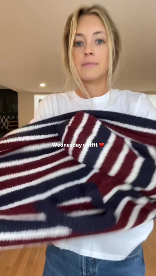 Instagram post by @maddiepriorhullstyling for French Connection. Caption reads: Wednesday outfit ♥️ this stripe color combo is SO....