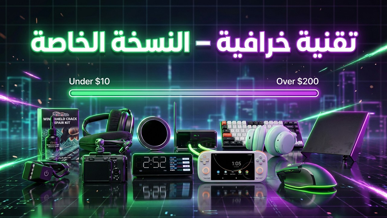 YouTube post by @AndroidBasha for Razer. Caption reads: تقنية خرافية 100…  جمعت 12 منتج من تحت 10 لفوق 200....