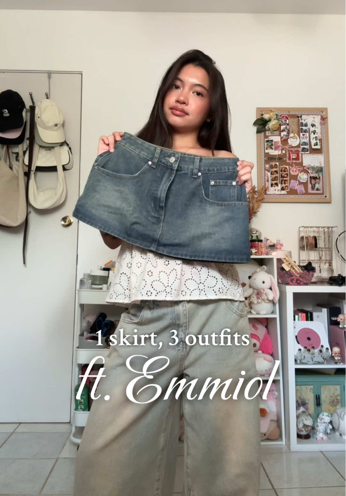 TikTok post by @bea.biancaa_ for Emmiol. Caption reads: another denim skirt to add to the collection ☺️....