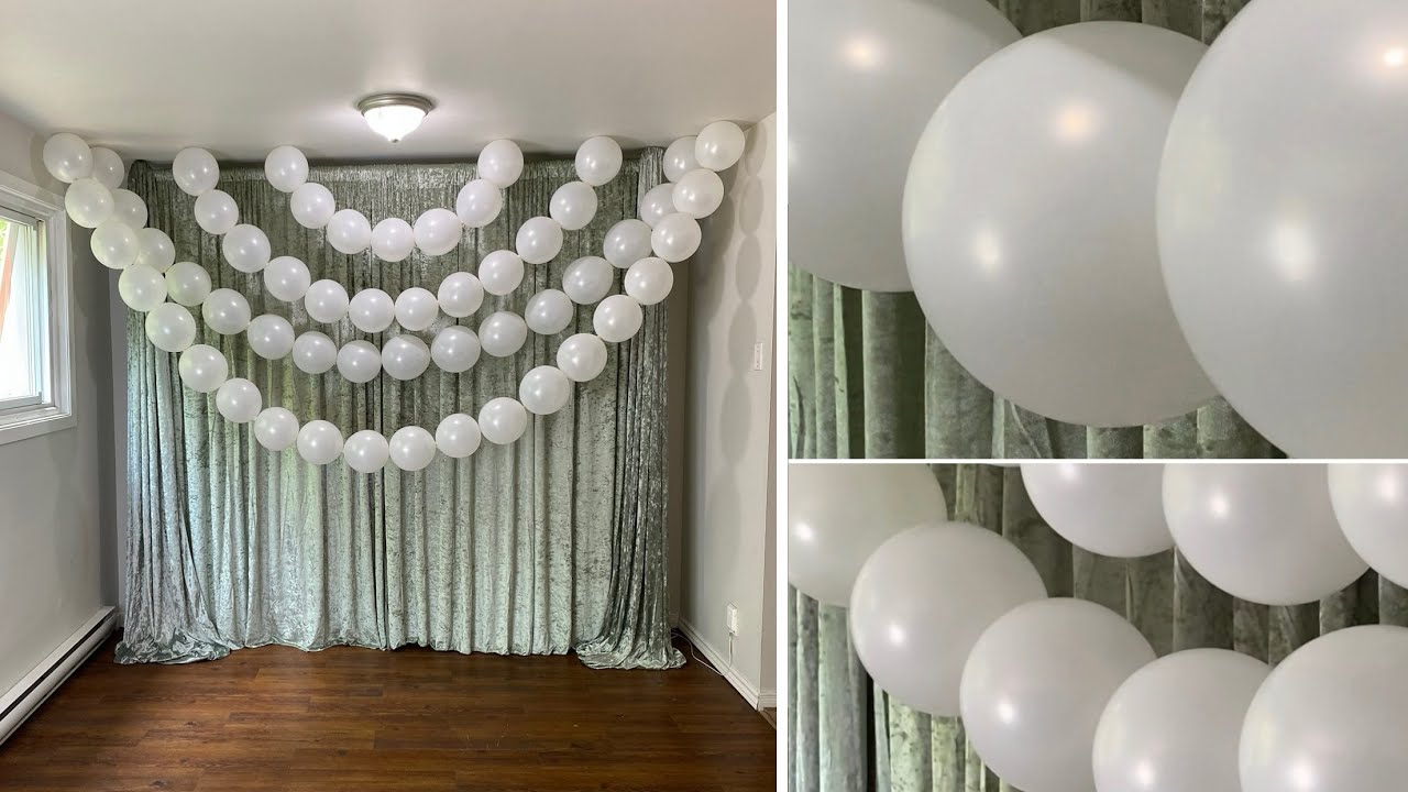 YouTube post by @askmeforaballoon for KetieStory. Caption reads: How To Setup Backdrop With Hanging Balloon Pearls.