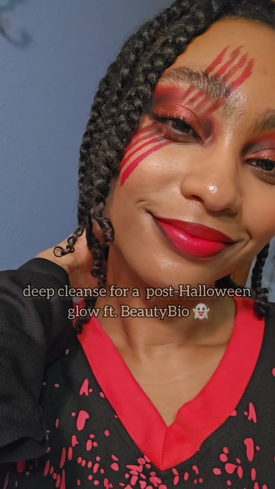 Instagram post by @kikibeautyxx for BeautyBio. Caption reads: [...] spooky season beauties! 👻🎃 Use the....