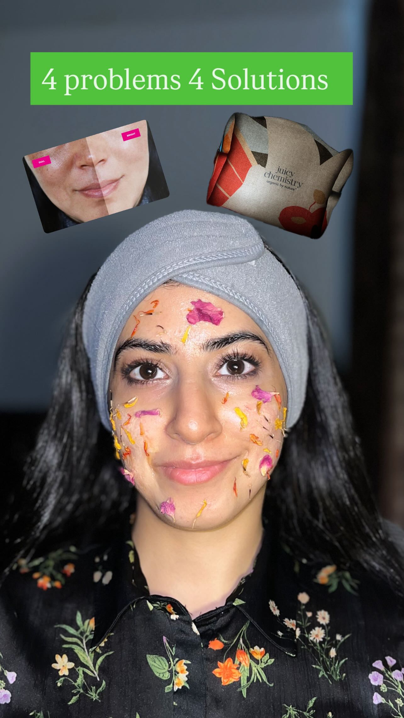 Instagram post by @nimraa.beauty for Juicy Chemistry. Caption reads: 🧬4 Skin Problems. 4 Powerful Serum Solutions by....