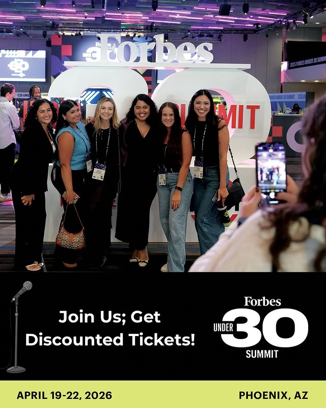 Instagram post by @azfomo for Forbes. Caption reads: Join me at the Forbes Under 30 Summit!! 🎙️ I’m so....