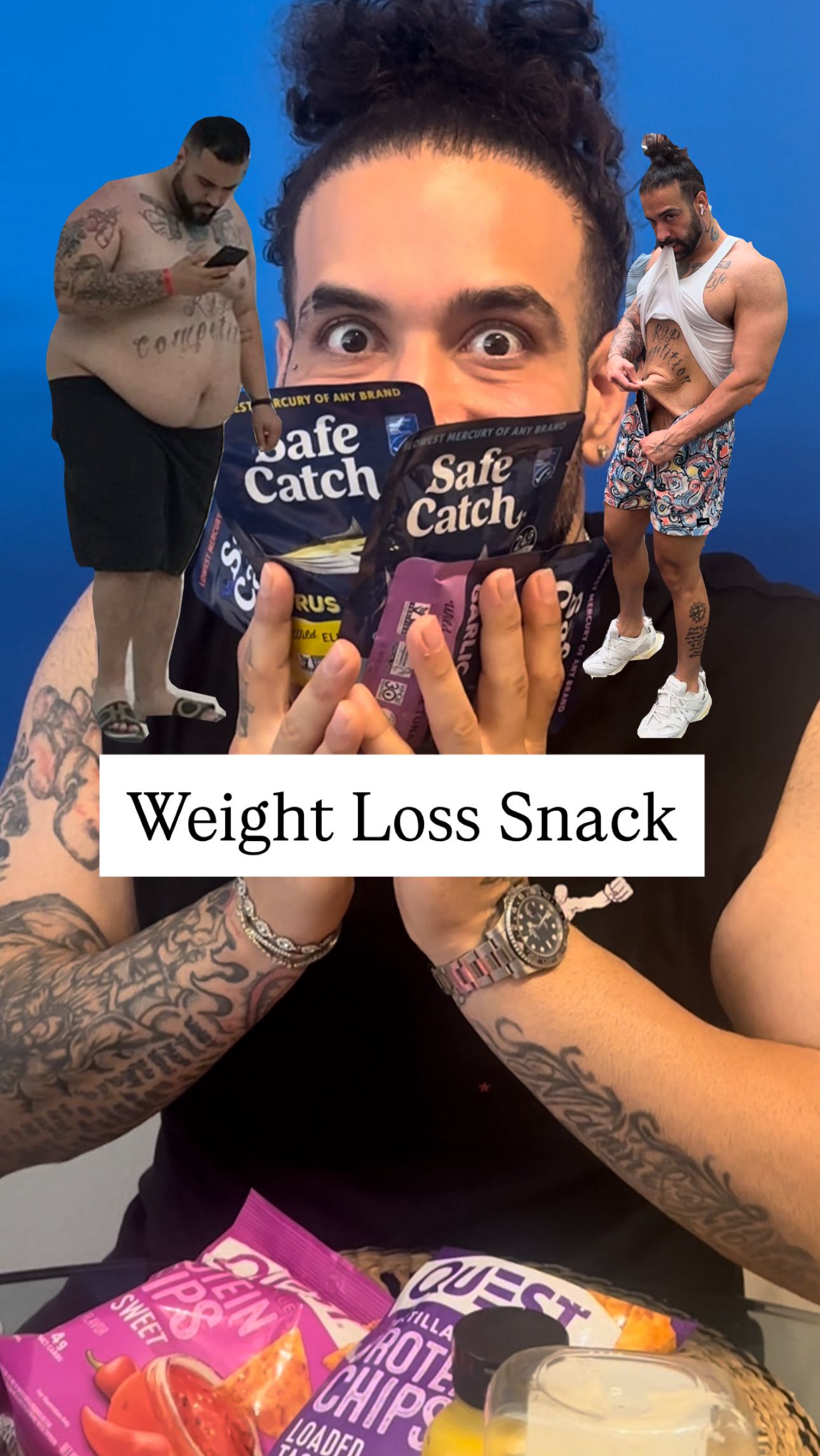 Instagram post by @dangeloliftz for Quest Nutrition. Caption reads: Best weight loss snack! Tuna in a bag....