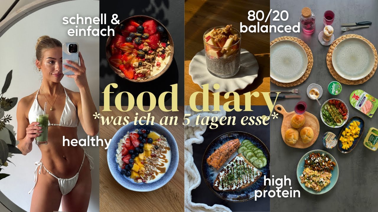 YouTube post by @justsayeleanor for mymuesli. Caption reads: Food Diary - What I Eat in 5 Days 🫐🍕👩🏼‍🍳🥣.