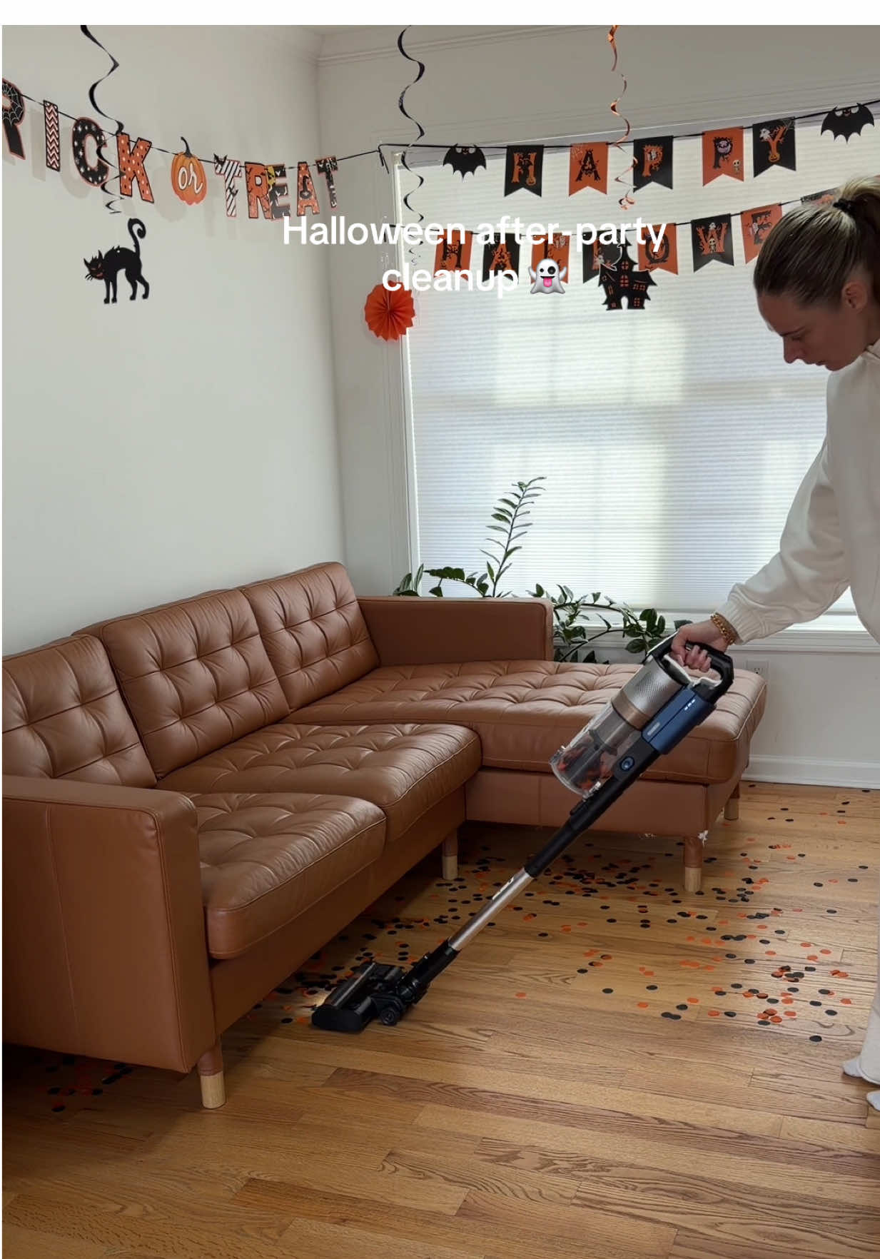 TikTok post by @the_hayeks for Levoit. Caption reads: clean with me after the Halloween party with....