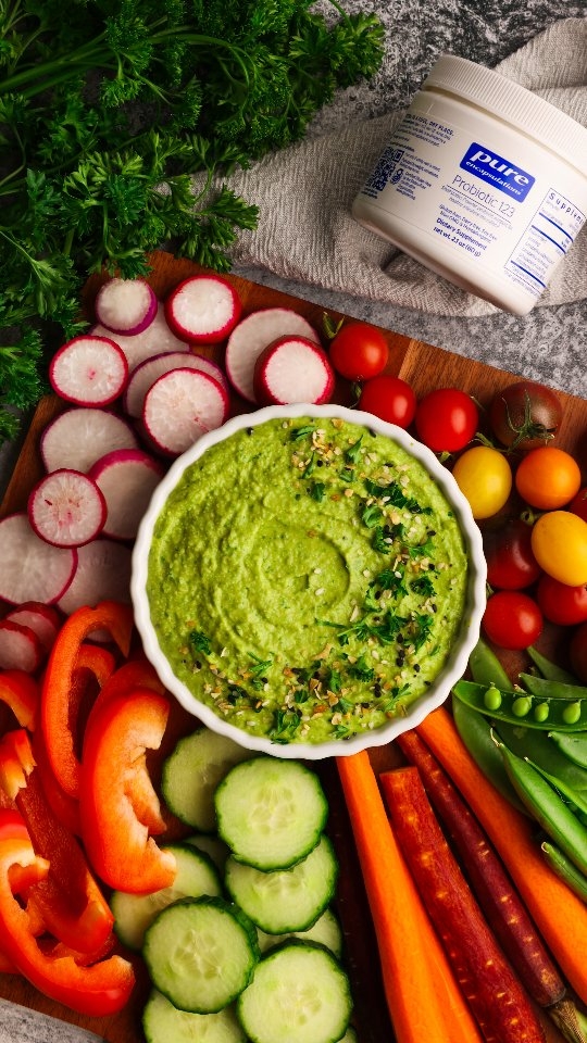 Instagram post by @colorful_superfoodie for Pure Encapsulations. Caption reads: Green Goddess Probiotic Hummus....