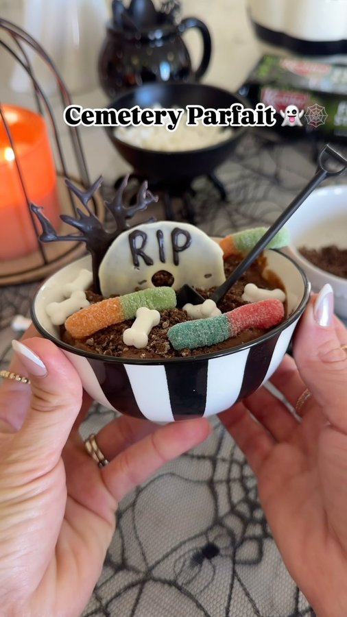 Instagram post by @jacquelynstoddard for Beetlejuice. Caption reads: #ad Cemetery Parfait treat for kids! Featuring....