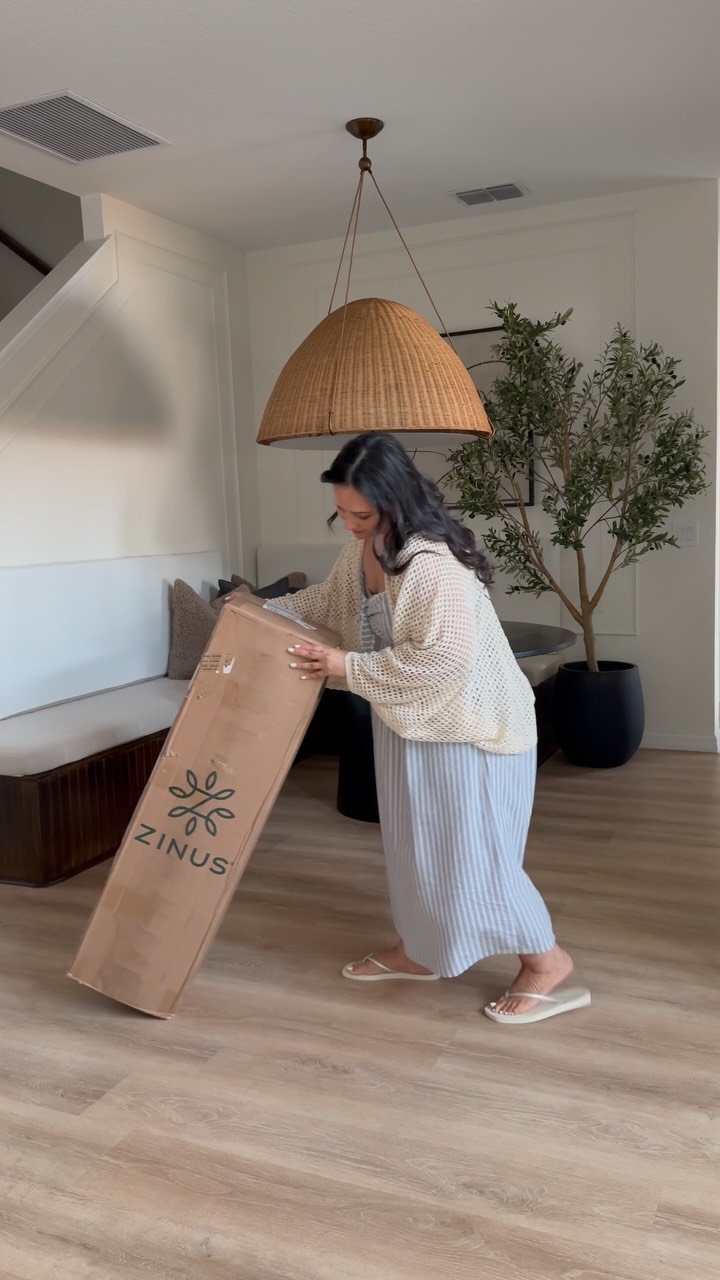 Instagram post by @glamorouslyliving for Zinus. Caption reads: Just unboxed the dreamiest new mattresses from....