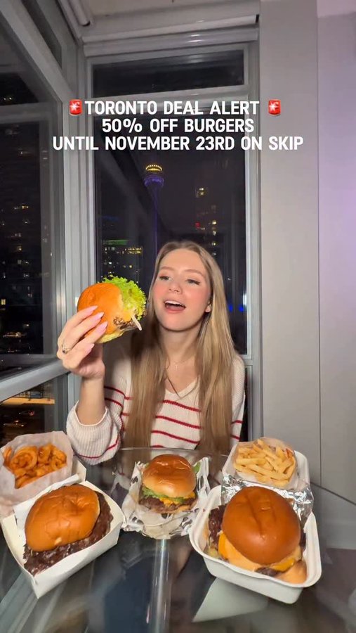 Instagram post by @skip_canada for Todotoronto. Caption reads: 🚨TORONTO!🚨 Your burger cravings just got cheaper....