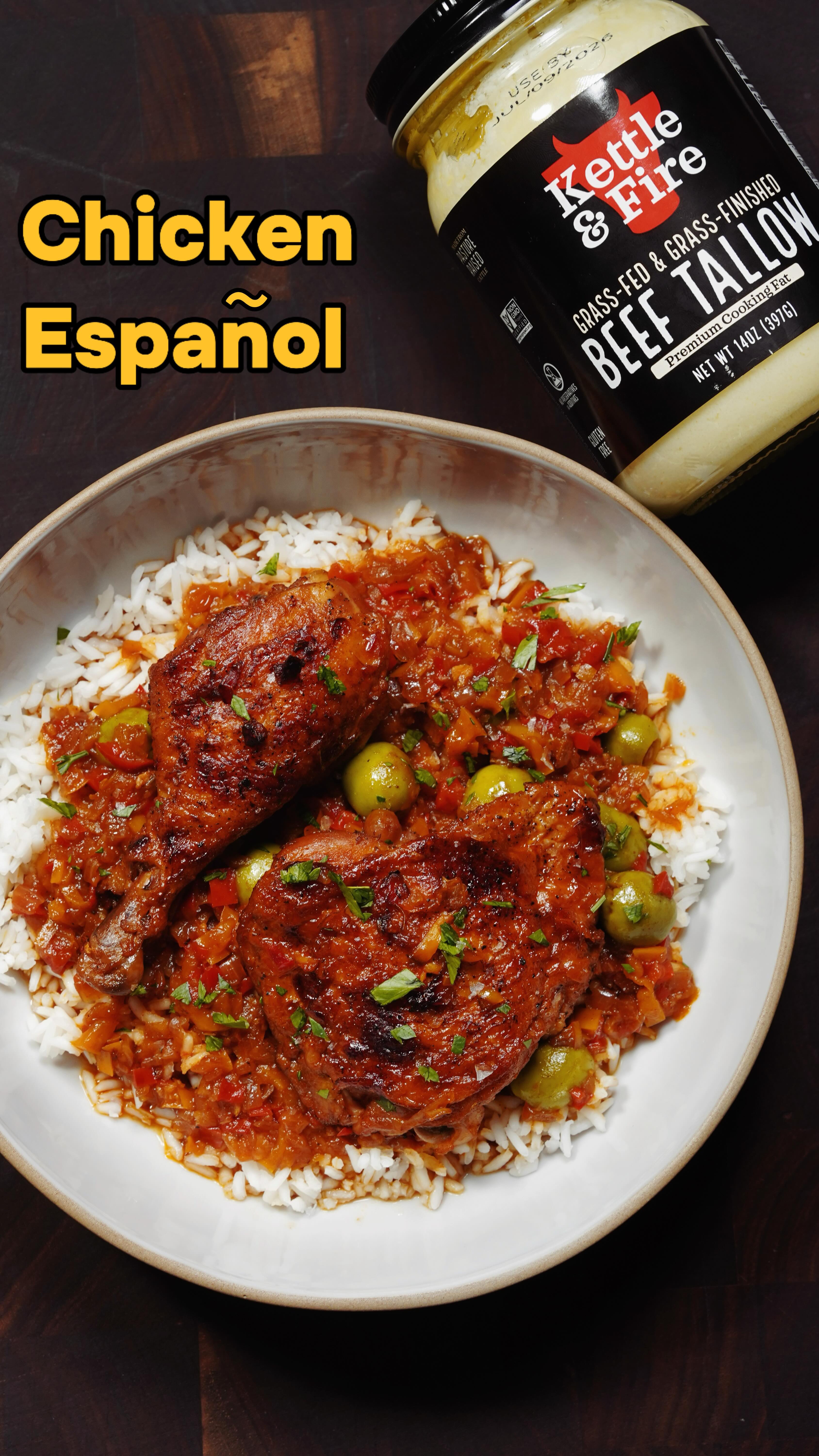 Instagram post by @thisguycooks for Kettle & Fire. Caption reads: CHICKEN ESPAÑOL — A weeknight meal, upleveled.....