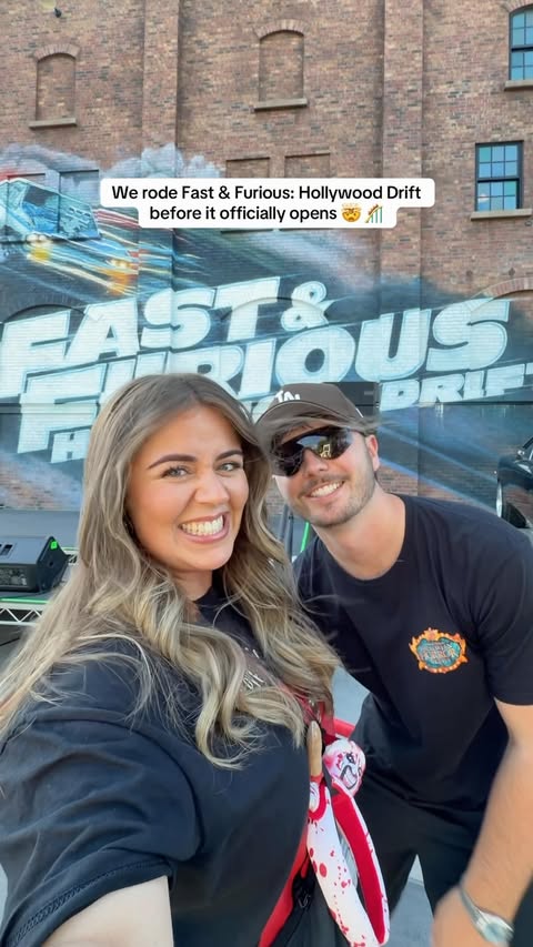 Instagram post by @nathanandgrace_ for Universal Studios Hollywood. Caption reads: [...] NEW Fast & Furious ride at Universal Studios....
