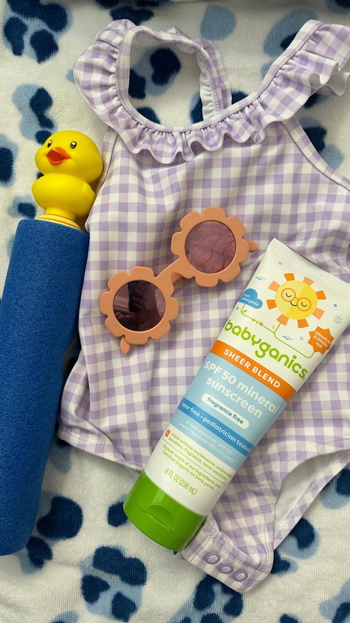 Instagram post by @learnwithchatterboxes for babyganics. Caption reads: Get ready with us for a day at the pool! It’s my....