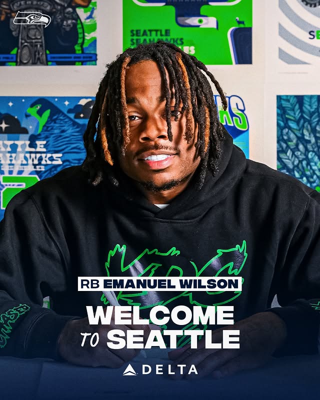 Instagram post by @1kemanuelwilson for Delta Air Lines. Caption reads: Welcome to Seattle, Emanuel! #GoHawks x @delta.