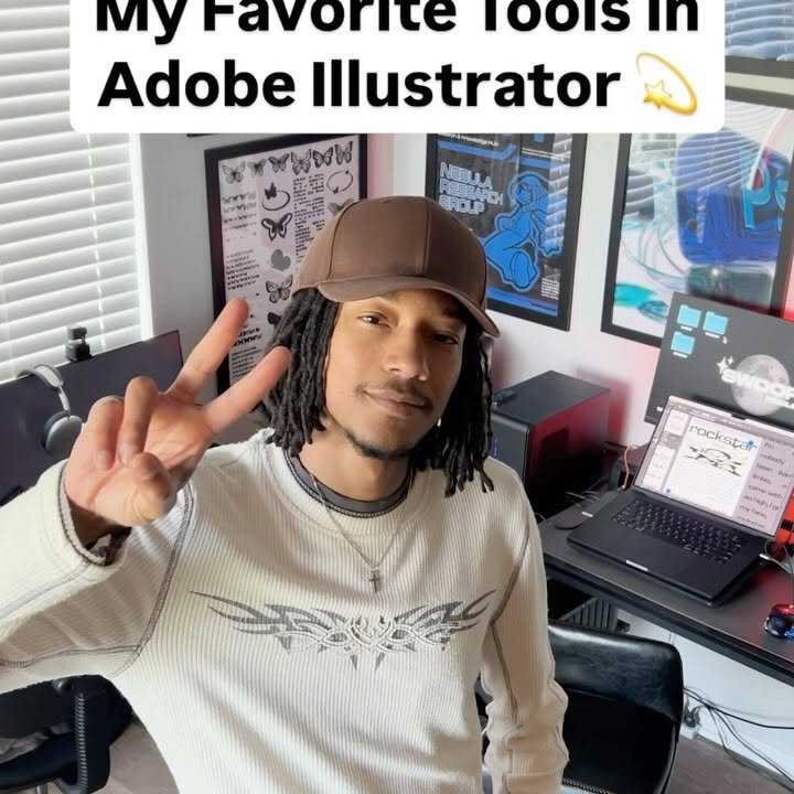 Instagram post by @swoopnebula for Adobe Design. Caption reads: Some of my favorite effects in Illustrator just....