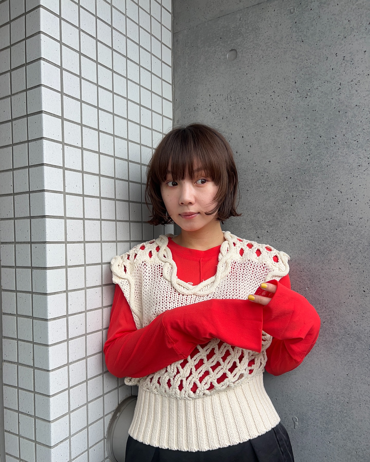 Instagram post by @miyutomii88 for LEINWANDE. Caption reads: ．
おかわなニット🌹
夏はキャミに合わせて着たい🧃

#leinwande #ad.