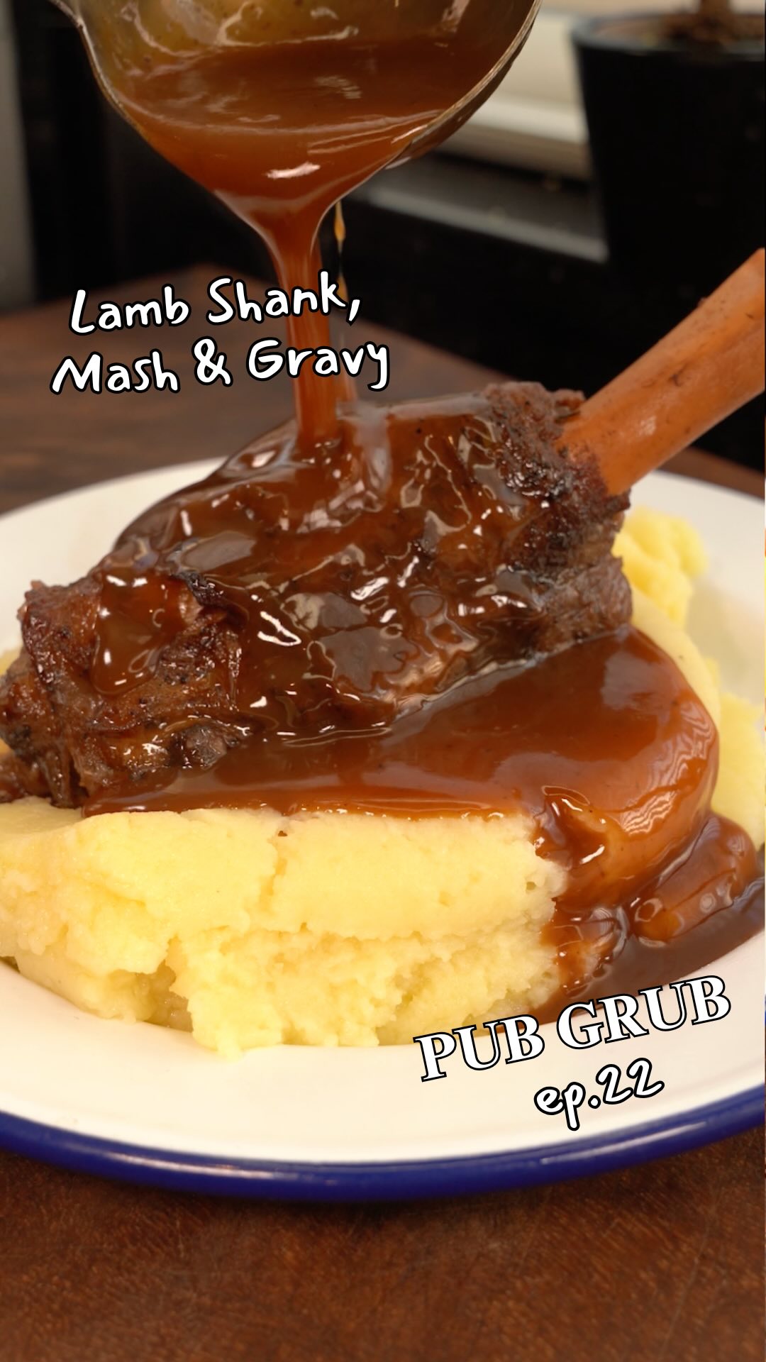 Instagram post by @food_with_george for HexClad. Caption reads: Lamb Shanks and Mash with Mint & Port Gravy – Pub....