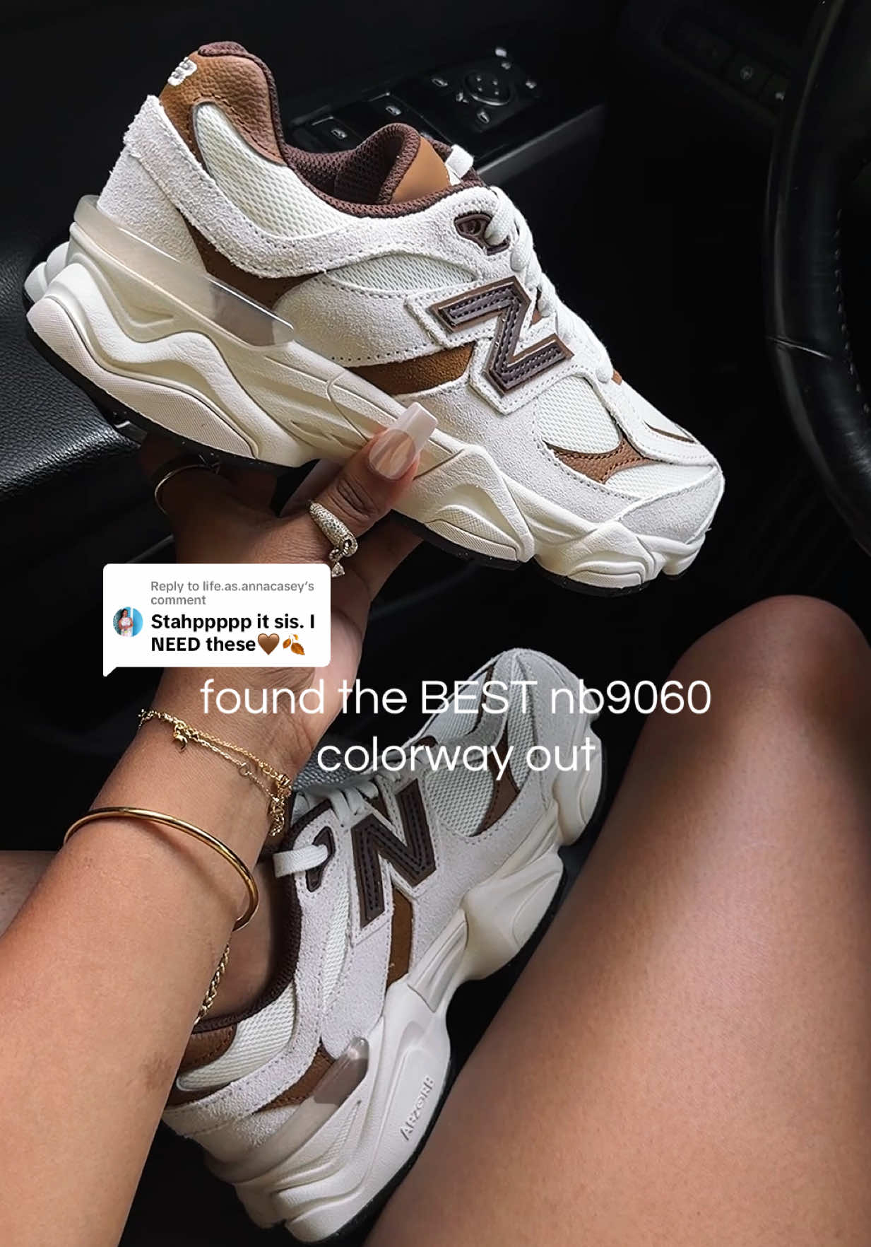 TikTok post by @bettyyannhill for Fly Kicks. Caption reads: [...] a whole NEED 🤎 #newbalance9060 #flykicks....