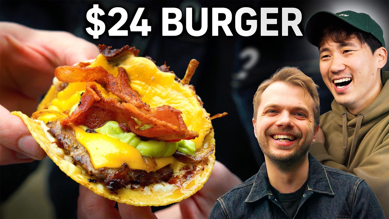 YouTube post by @AndrewStevenandAdam for CookUnity. Caption reads: $7 Vs. $24 Burger.