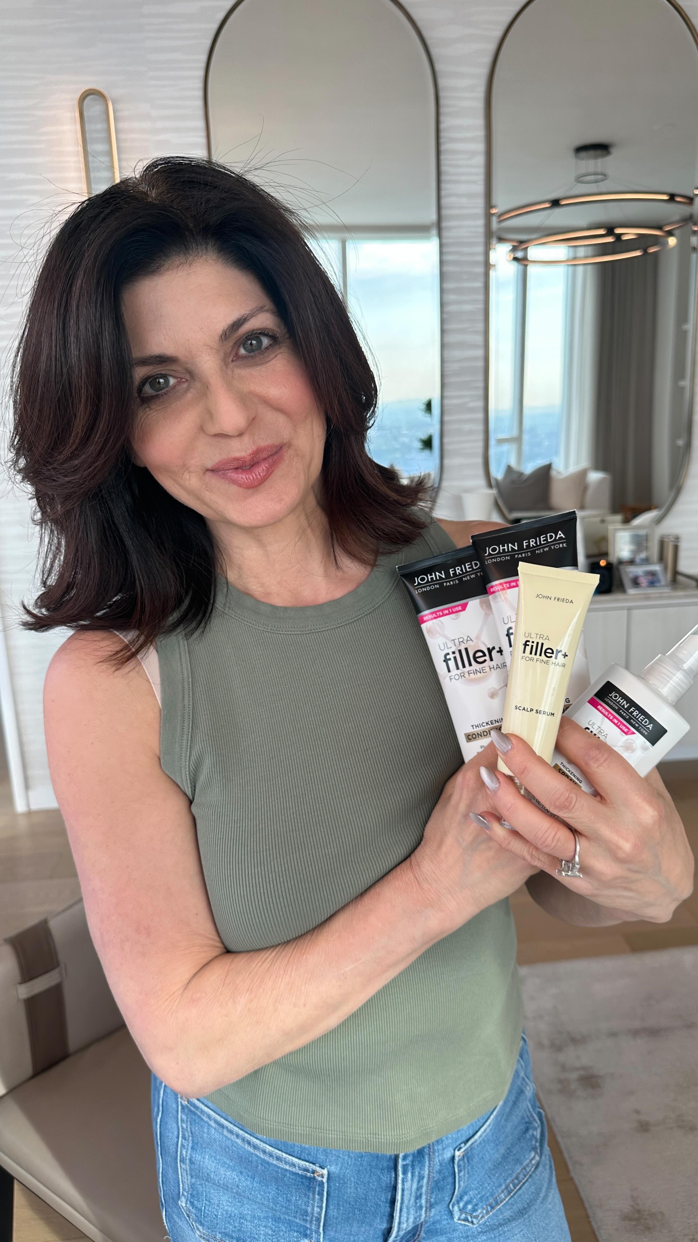 Instagram post by @tamsenfadal for John Frieda. Caption reads: #JohnFriedaPartner Surprise! Your hair can change....