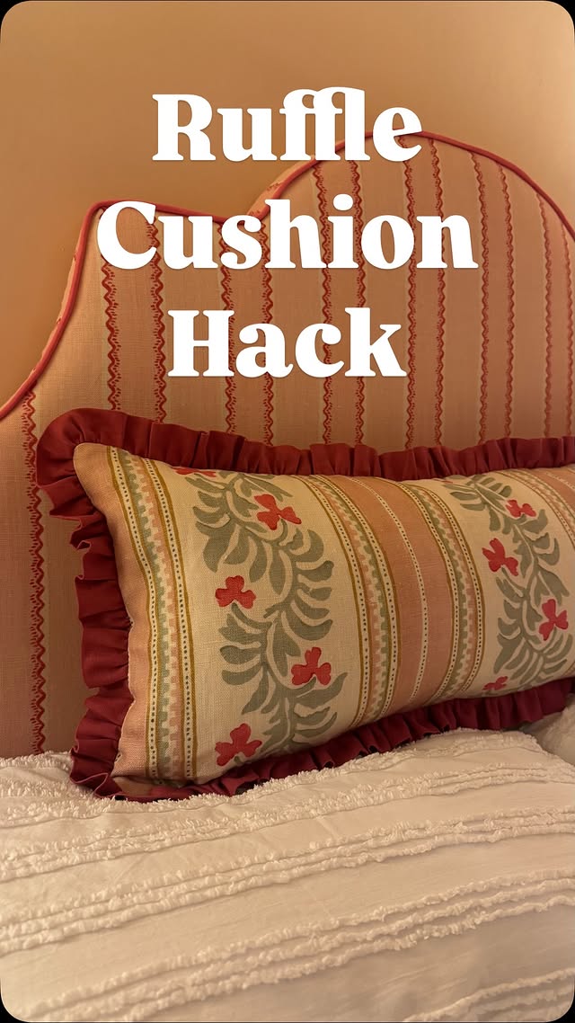 Instagram post by @thehayebarn for Linwood Fabric. Caption reads: ✨ DIY RUFFLE CUSHION TUTORIAL ✨ Learn how to make....