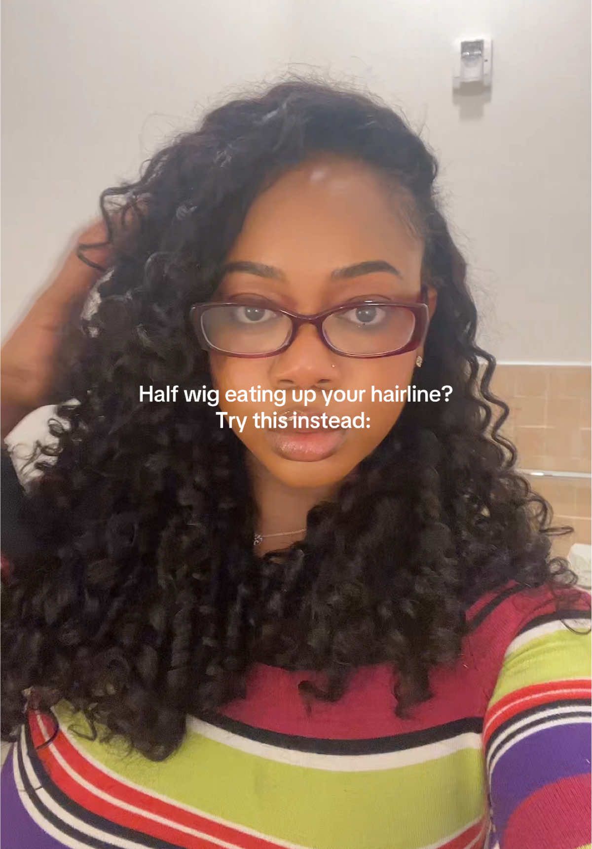 TikTok post by @carolinea.world for iseehair. Caption reads: 15 min curly flip over sew in using a half wig....