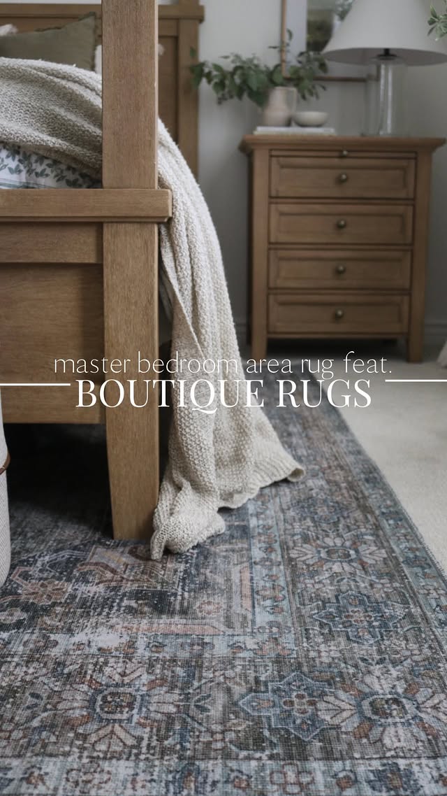 Instagram post by @_desertcottage_ for Boutique Rugs. Caption reads: [...] #bedroomstyling #arearugs #boutiquerugs....