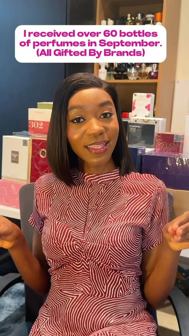 Instagram post by @mss_pelumi for SANA JARDIN. Caption reads: [...] @fragranceworldofficial @sanajardin....