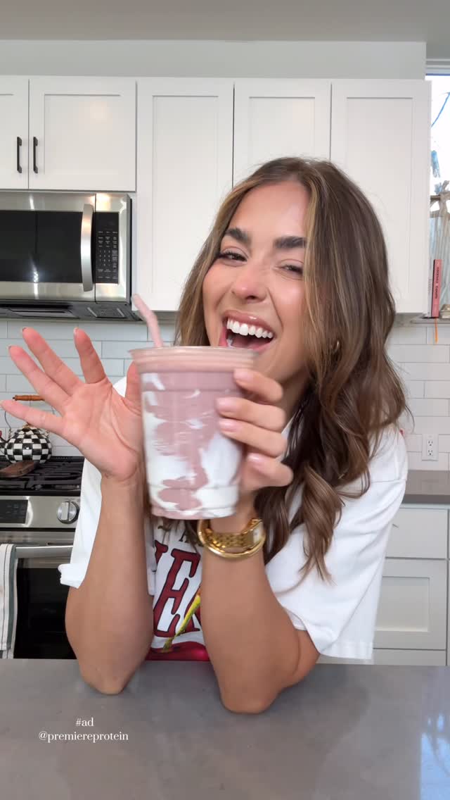 Instagram post by @alisharevel for PremierProtein. Caption reads: Glowing skin smoothie 🍒✨#ad
 - I make this 2x a....