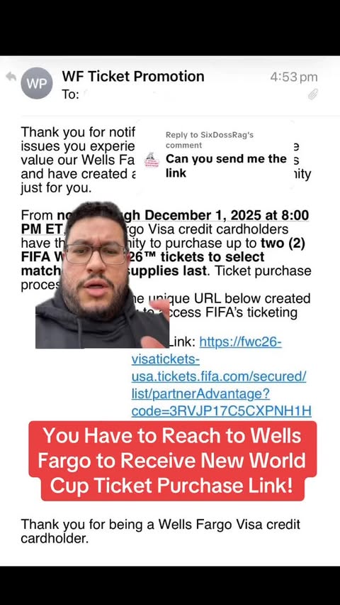 Instagram post by @travelfutbolfan for Wells Fargo. Caption reads: you have to reach out to Wells Fargo for the link....