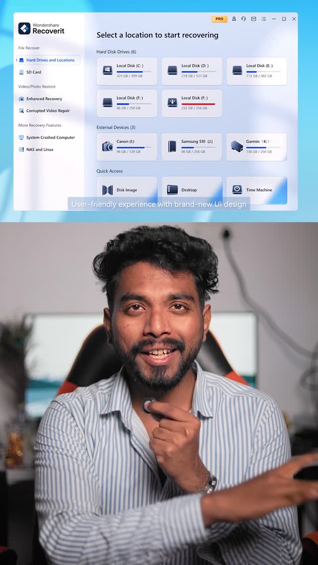 Instagram post by @pranav_.pg for Wondershare. Caption reads: When you think your footage is gone… then....