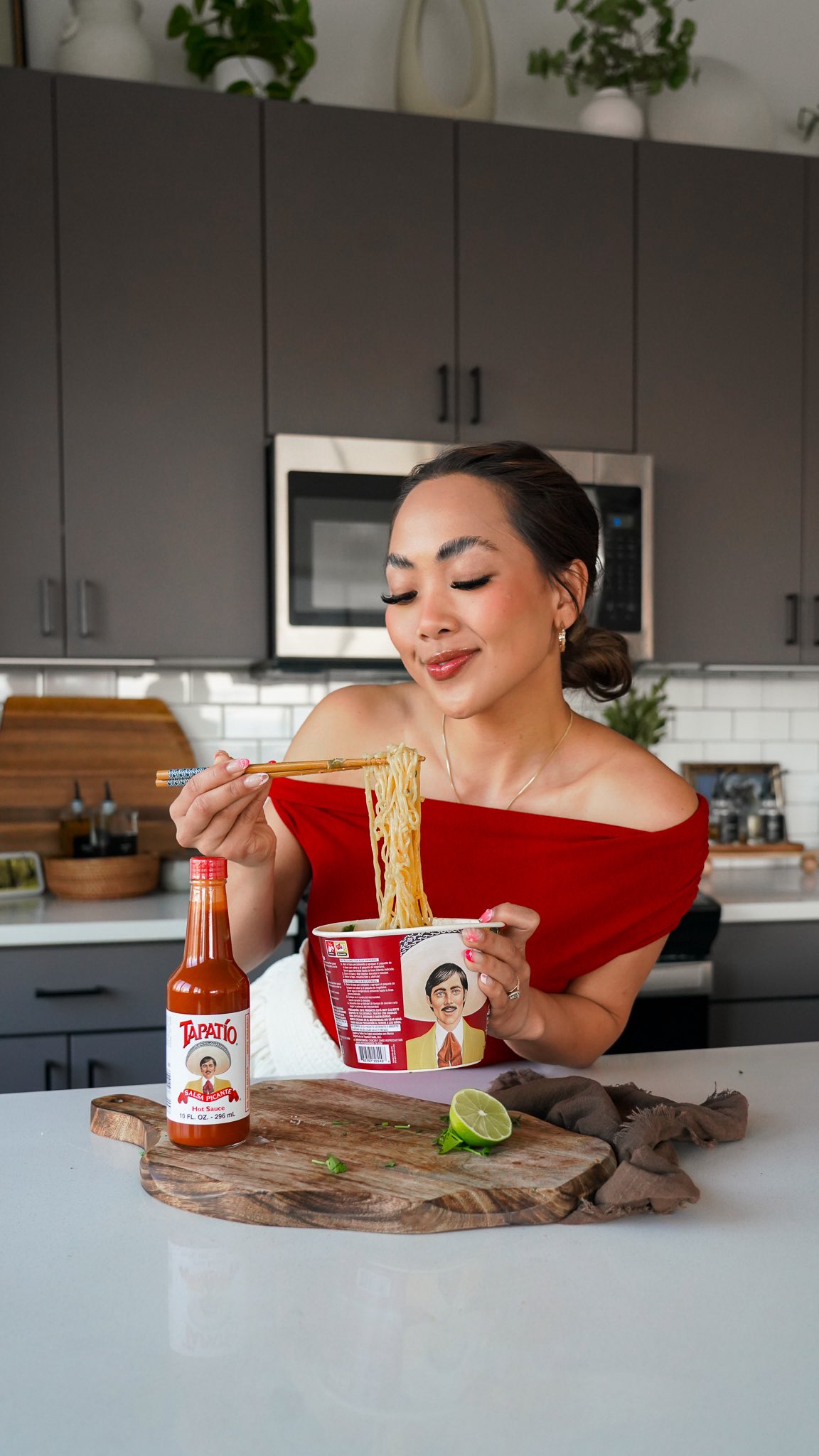 Instagram post by @sincerelyreneze for Tapatio Ramen. Caption reads: POV: You grew up eating ramen with Tapatío, and....