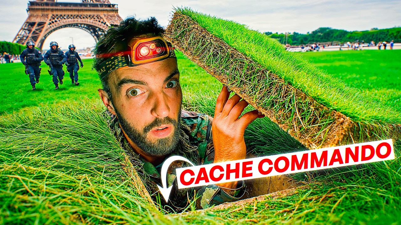 YouTube post by @HitTheRoad for Motion Array. Caption reads: I DIGGED A COMMANDO CACHE UNDER THE EIFFEL TOWER!.
