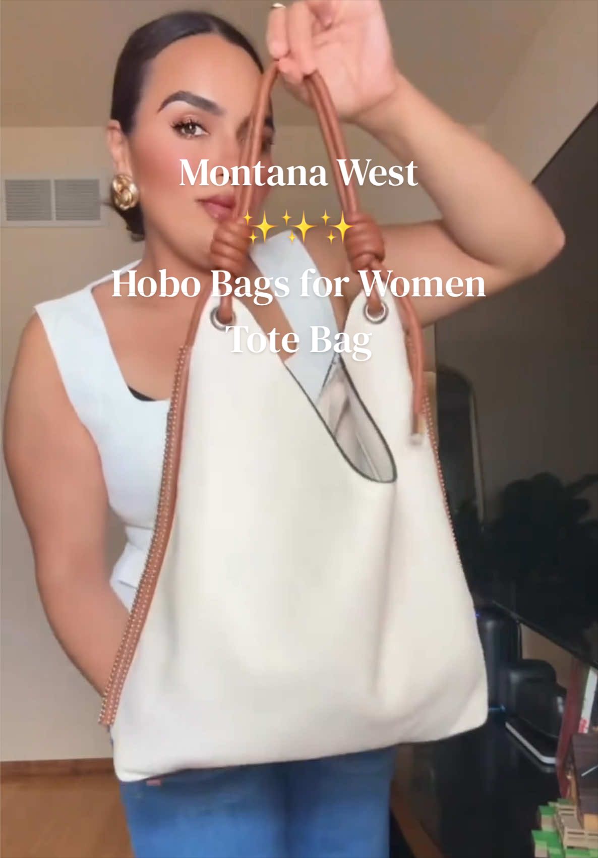 TikTok post by an influencer for Rustic Charm Bootic. Caption reads: [...] Handbag with Knot Strap @Rustic Charm Bootic....