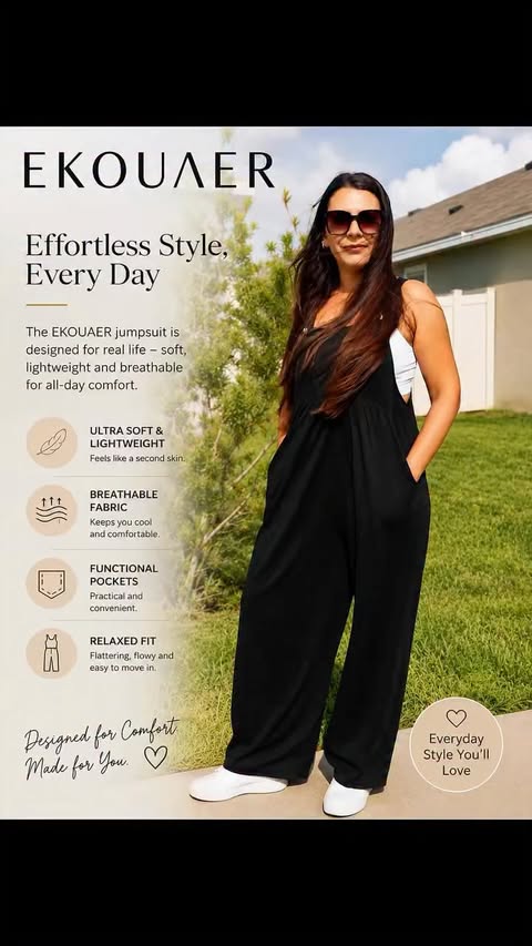 Instagram post by @burcuustyle for Ekouaer. Caption reads: [...] loving this black jumpsuit from EKOUAER! The....