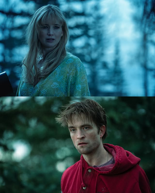 Instagram post by @cinema.magic for MUBI. Caption reads: Jennifer Lawrence and Robert Pattinson in Lynne....