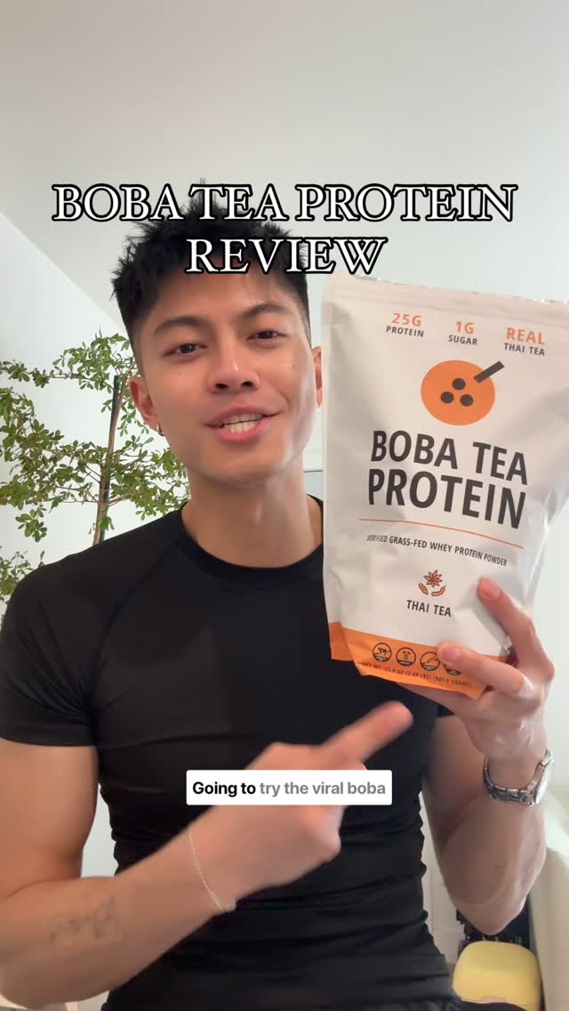 Instagram post by @george.welly for Boba Tea Protein. Caption reads: Trying out the viral boba tea protein 🤓....