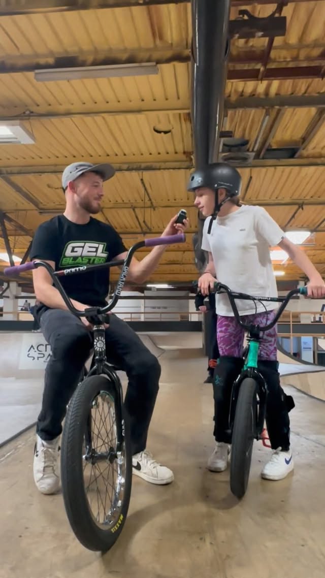 Instagram post by @charlieorcharlesbmx for Gel Blaster. Caption reads: [...] #bmx #skatepark #adrenalinealley #AD....