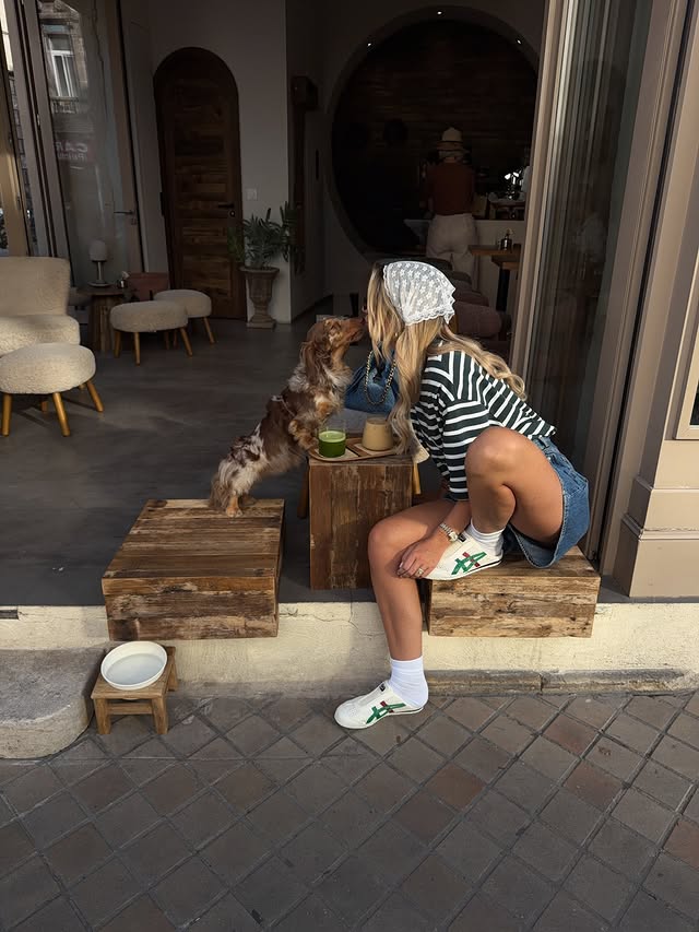 Instagram post by @chloemorandd for Onitsuka Tiger. Caption reads: [...] coffee date and my new sneakers🤎....