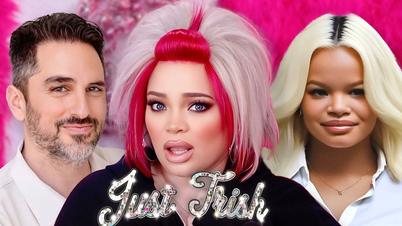 YouTube post by @justtrishpodcast for AdamAndEve.com. Caption reads: Trisha & Moses EXPOSED By Shocking AI Video | Just....