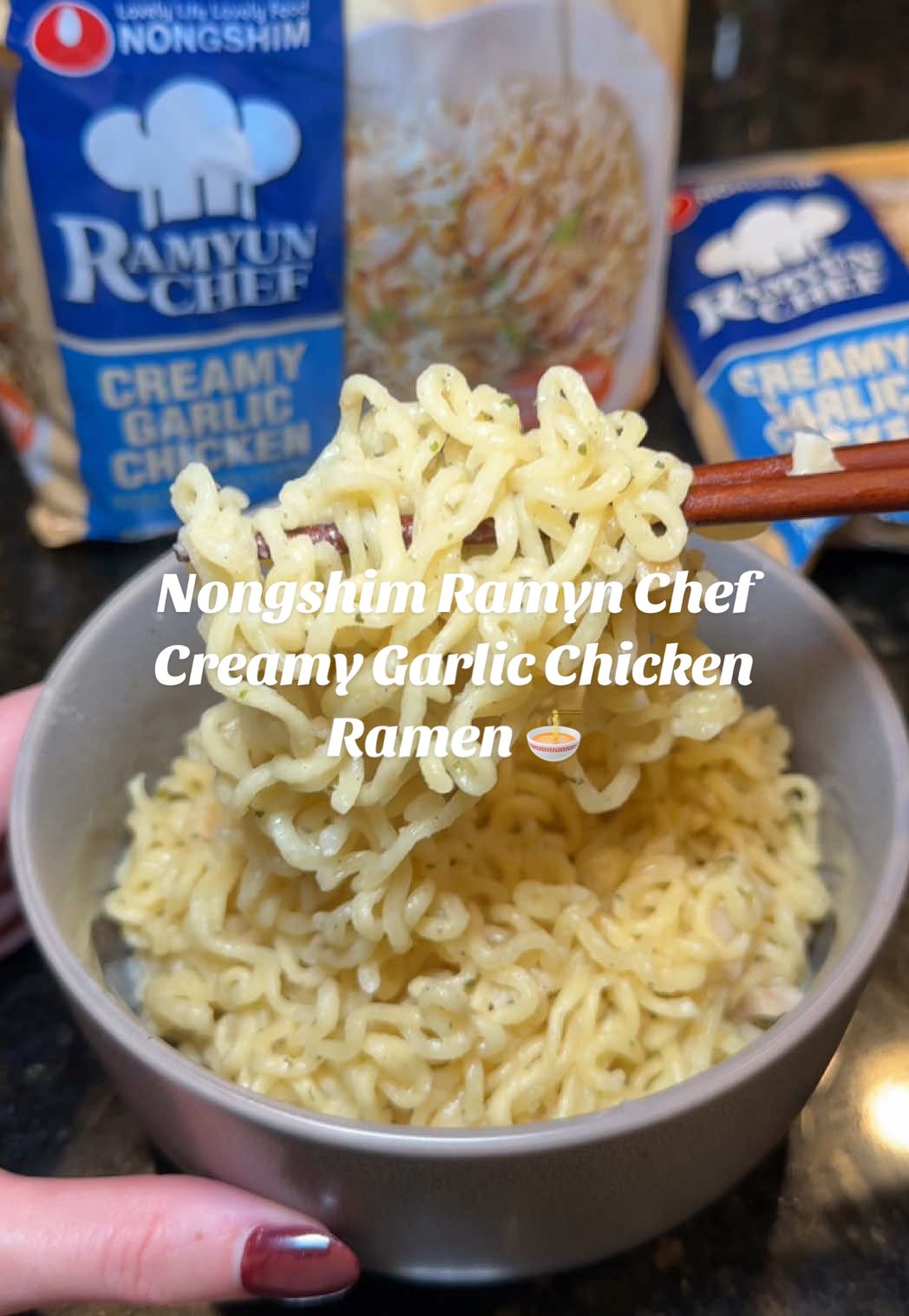 TikTok post by @breanna.eats for Nongshim America. Caption reads: Let's make Ramyun Chef Creamy Garlic Chicken....