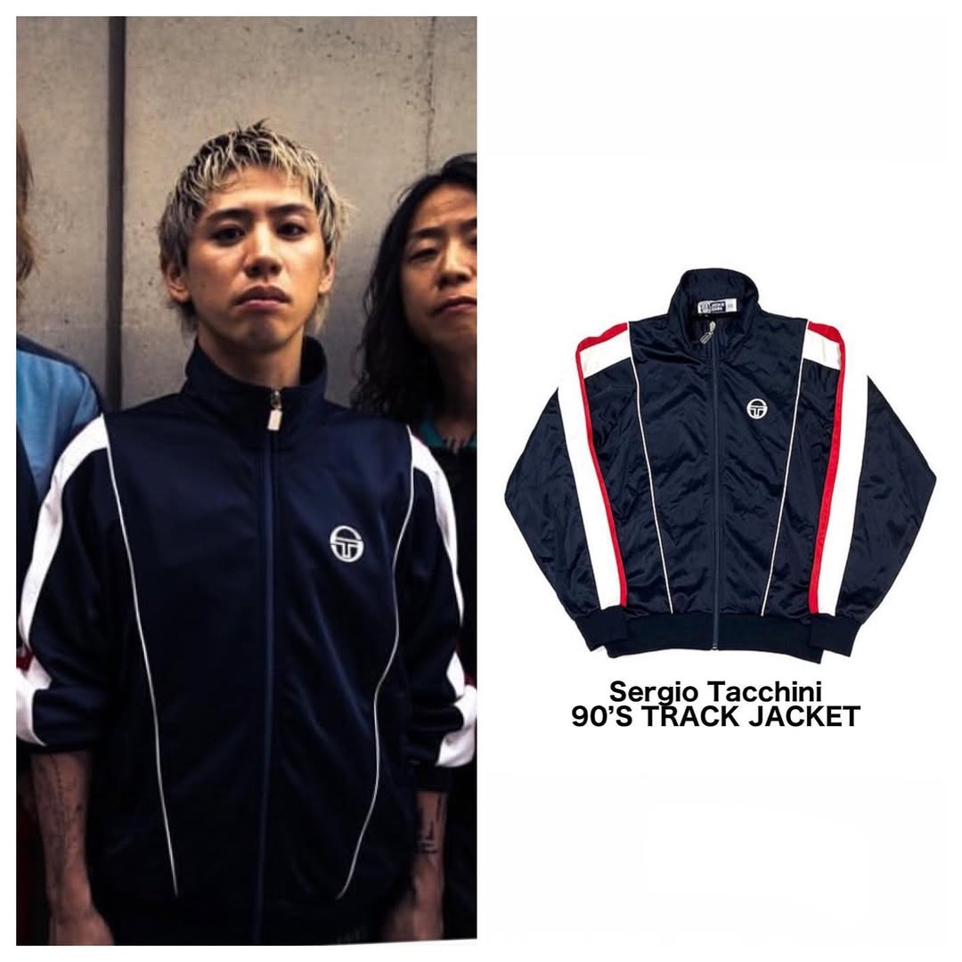 Instagram post by @style_of_the_people for Sergio Tacchini. Caption reads: 【Taka】 TRACK JACKET / @sergiotacchini 他も気になる方は....