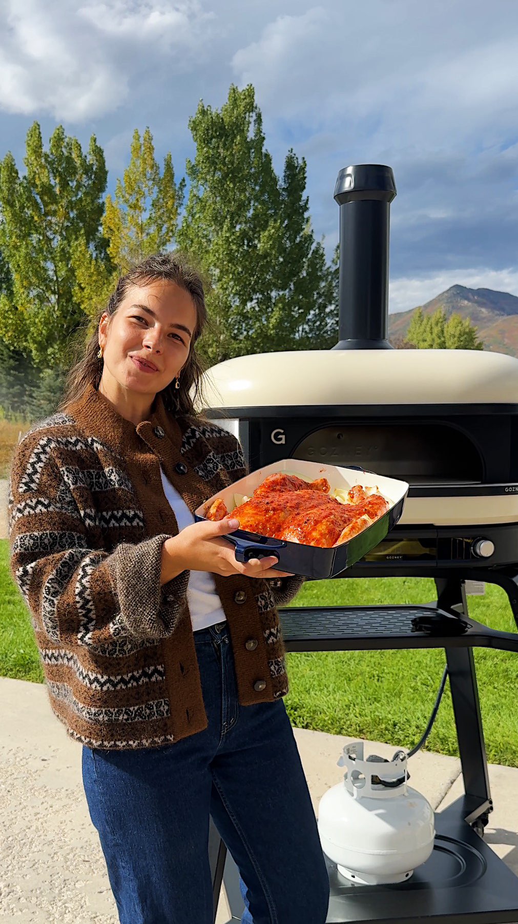 Instagram post by @carolinagelen for Gozney. Caption reads: HARISSA ROASTED CHICKEN #GozneyPartner — paired....
