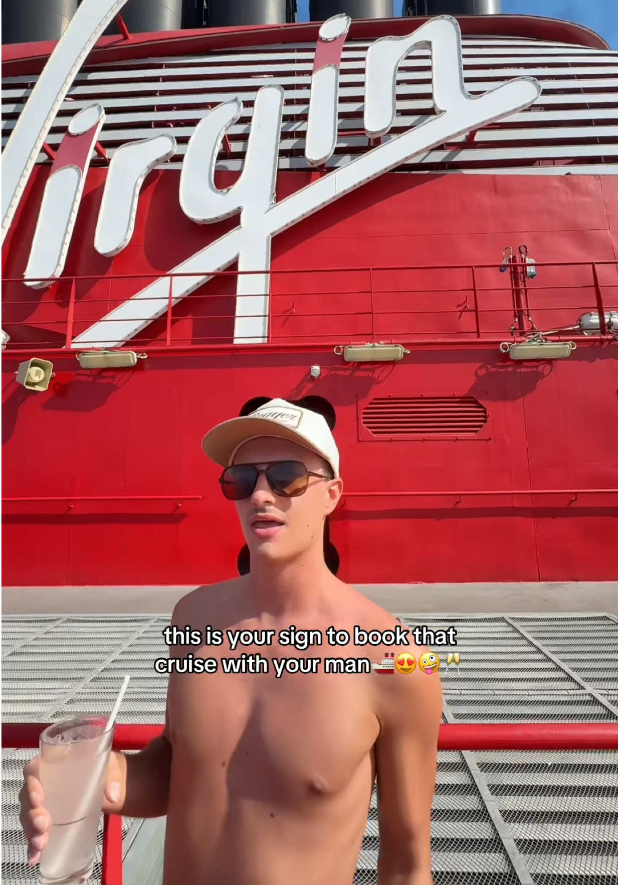 TikTok post by @landonromanoo for Virgin Voyages. Caption reads: a time was HAD @Virgin Voyages #virginvoyages #ad .