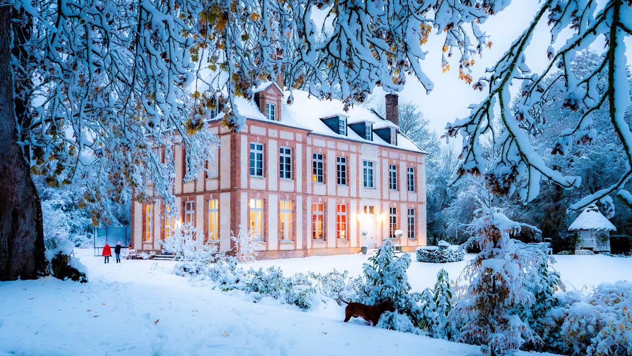 YouTube post by @HowToRenovateAChateau for FOREO. Caption reads: Decorating our French Chateau for Christmas (2025).